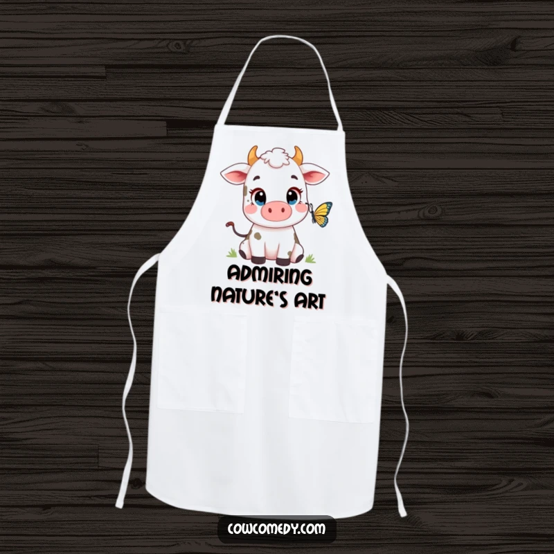 Funny Cow Butterfly Apron: a cute cow with big eyes watching a butterfly, adding a whimsical and humorous touch to cooking.