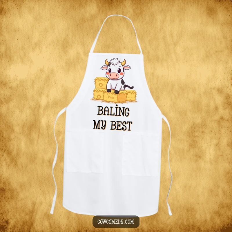Funny Apron showing a determined cow balancing a stack of hay, perfect for kitchen tasks with a humorous edge.