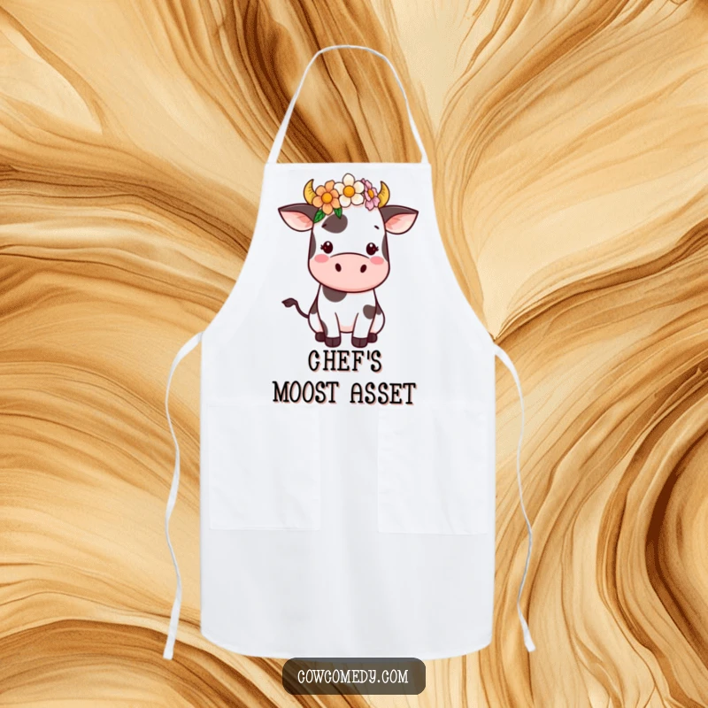Funny Kawaii Cow Apron showcasing a cute cow with a flower crown. Practical kitchen wear that adds a humorous and charming element for cooks.