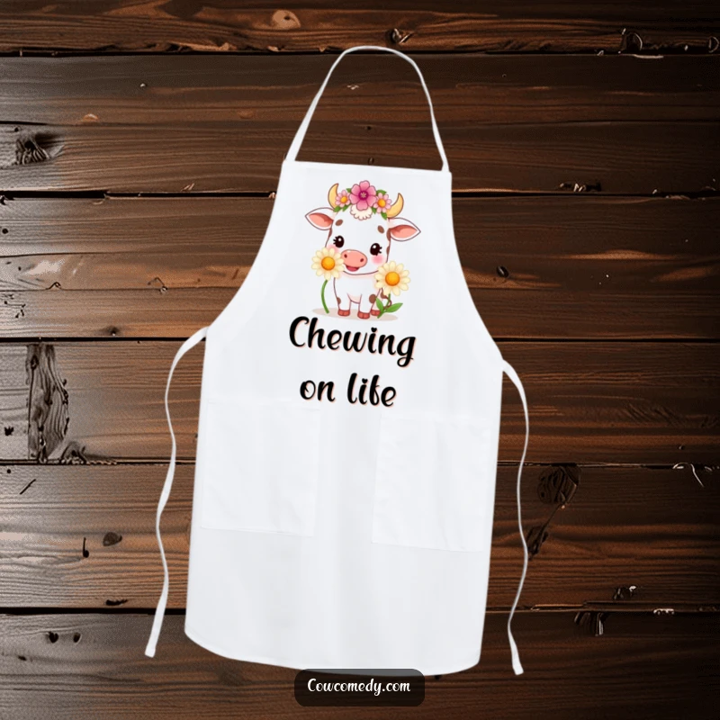 Funny kawaii cow wearing a flower crown, happily chewing a large daisy, on a functional and cute kitchen apron.