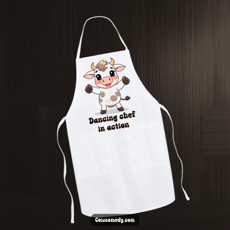 Funny Kawaii cow apron showing a cow doing a goofy dance move with its hooves, ready for kitchen fun.