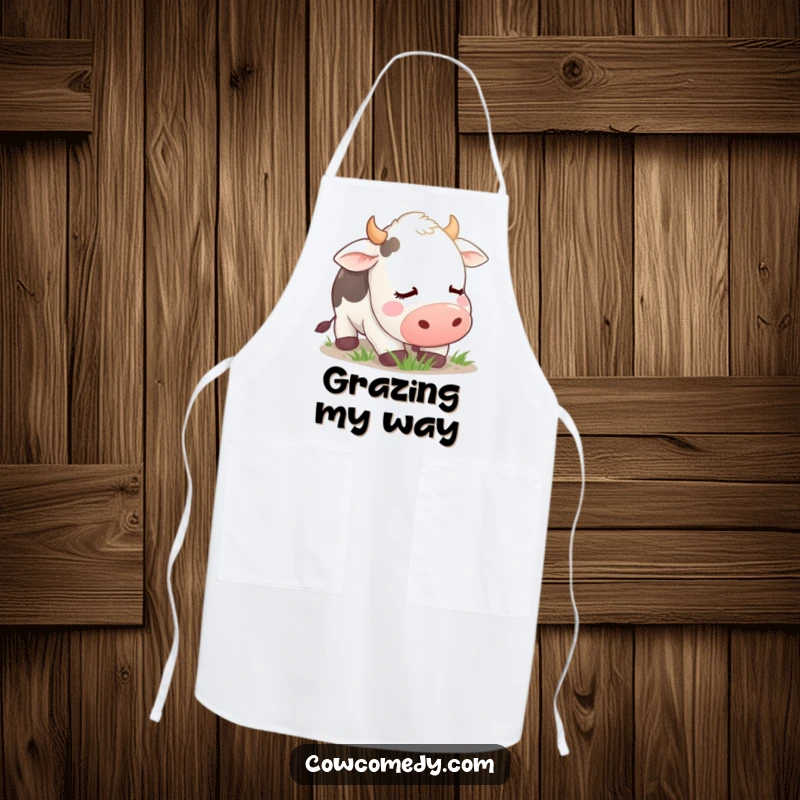 Funny Apron showing a peaceful, contented cow with eyes closed, grazing, ideal for kitchen activities with a humorous touch.