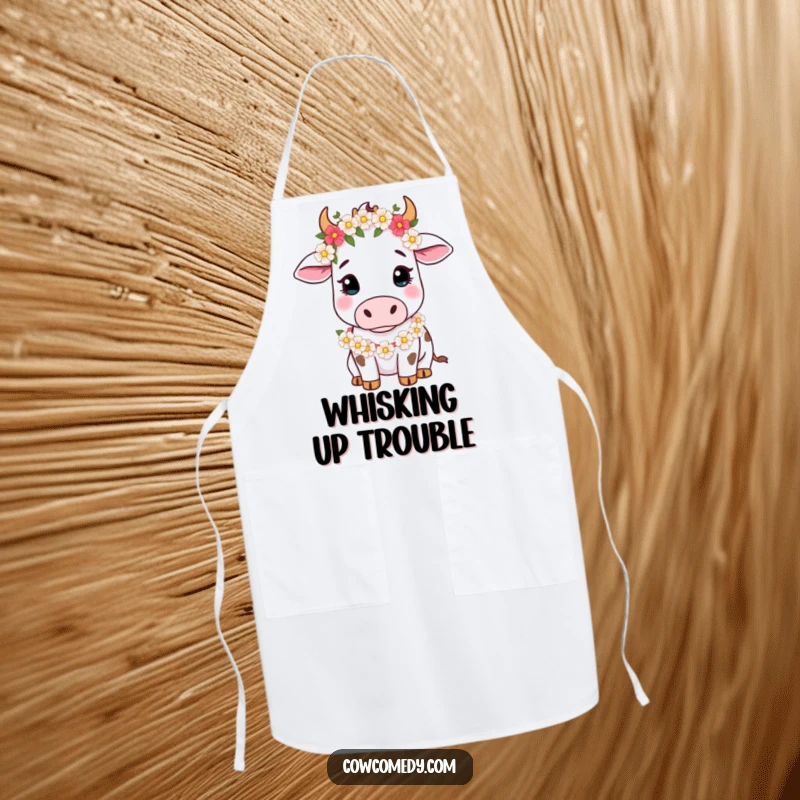 Funny Apron featuring a serene cow in a flower garland, perfect for adding a touch of gentle charm to kitchen activities.