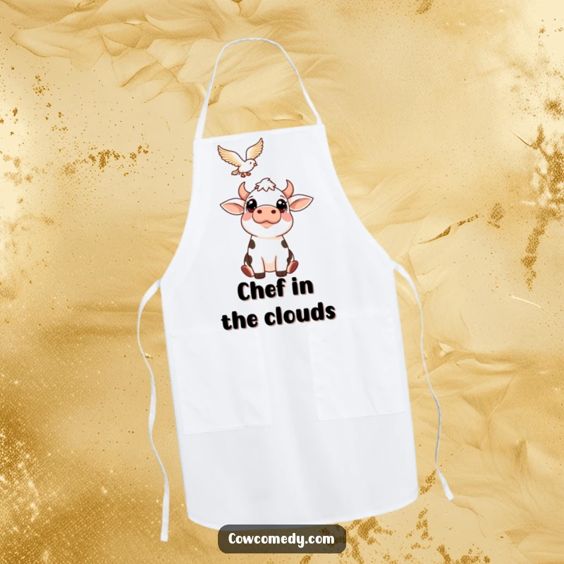 Funny apron with a cow's big, friendly eyes looking up at a soaring bird. Humorous kitchen wear for nature lovers.