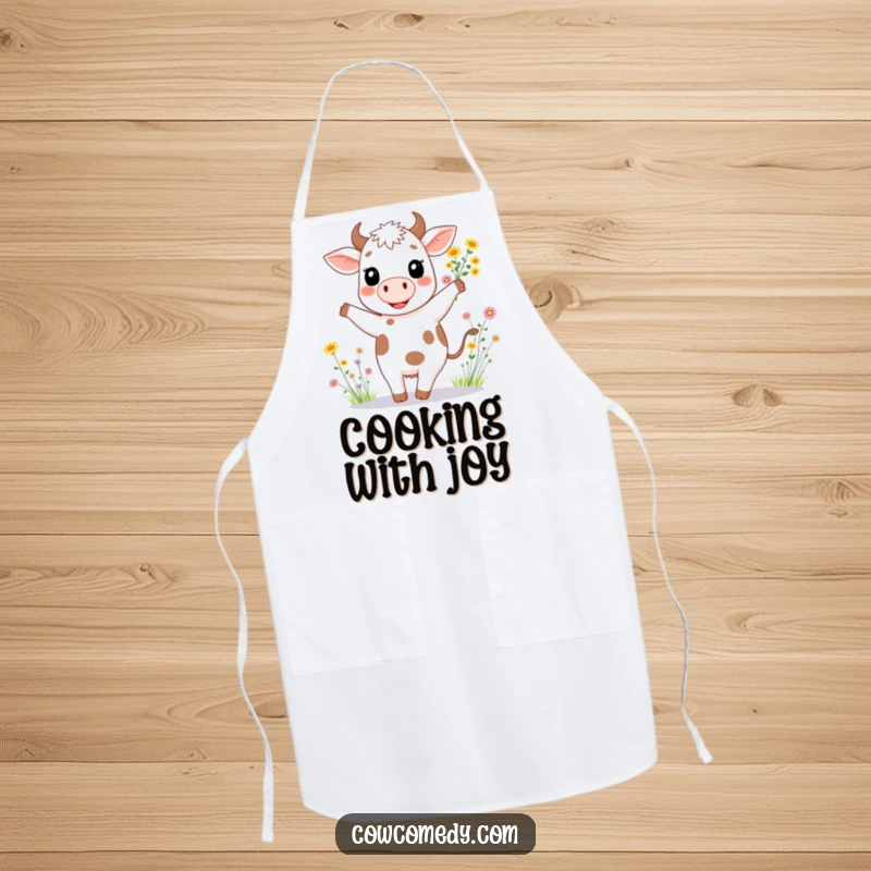Funny apron with a happy cow, wide smile, dancing amidst a cheerful bouquet of wildflowers.