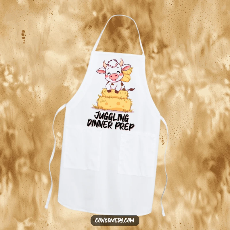 Funny apron design showing a cow giggling hysterically while trying to balance an extremely tall stack of hay bales. Whimsical kitchen wear.