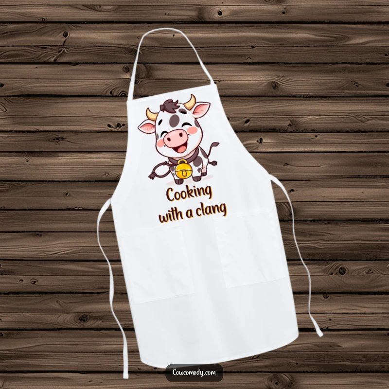 Funny giggling cow apron with a cowbell, designed for chefs who enjoy a cheerful and humorous cooking experience.