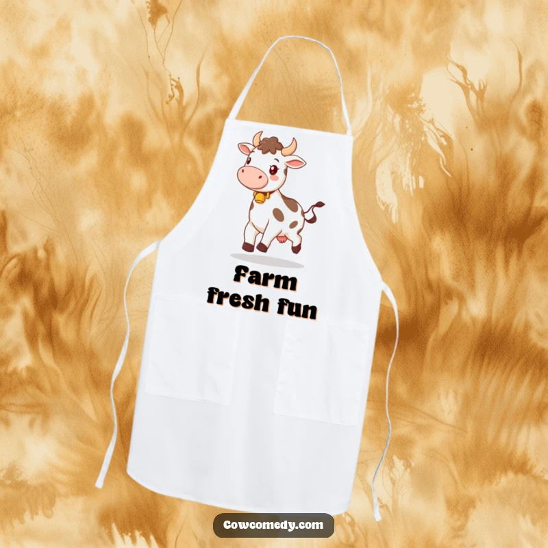Funny apron graphic of a happy cow wearing a bell, skipping joyfully, perfect for adding cheer to kitchen activities.