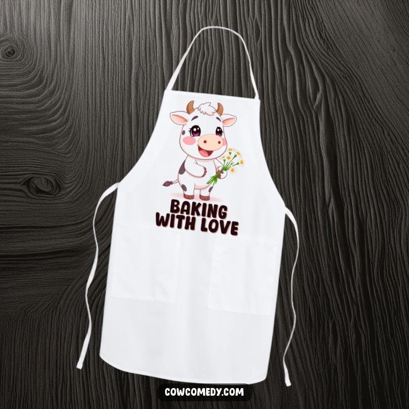 Funny Happy Cow Apron: a smiling cow character offering daisies, adding a touch of sweetness and humor to kitchen endeavors.
