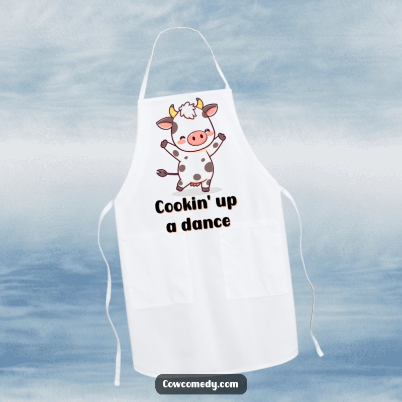 Funny Kawaii Cow Apron: a spotted character in a cute dance pose, ready for kitchen fun and spills, making cooking a joy.