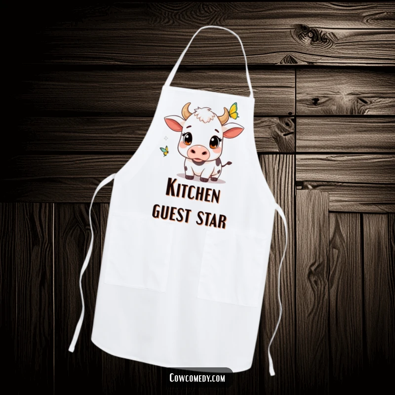 Funny kawaii cow apron with wide, curious eyes observing a fluttering butterfly, bringing cute farm charm to the kitchen.