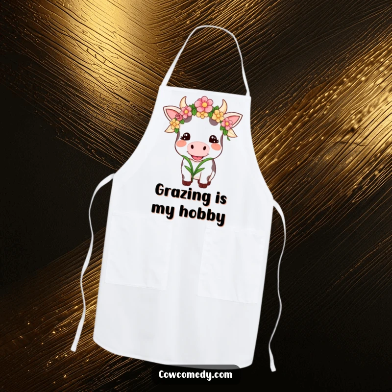 Funny Kawaii Cow Apron: A smiling cow wearing a flower garland happily chews grass, ideal for a funny kitchen gift.