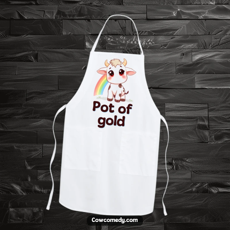 Funny kitchen apron with a curious cow, large eyes, watching a rainbow, making cooking more magical, a great funny gift.