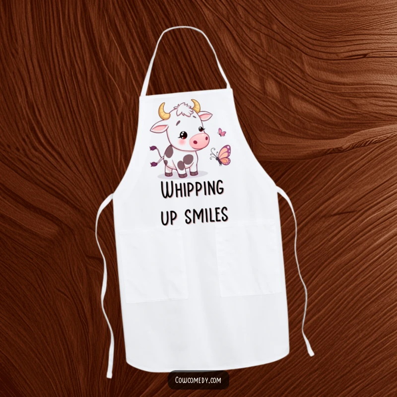 Funny Apron featuring a cow wiggling its tail with amusement beside a cartoon butterfly, adding playful charm to kitchen duties.