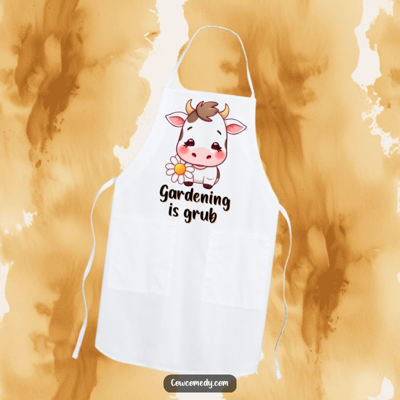 Funny kawaii cow apron showcasing a smiling cow chewing a large daisy, perfect for kitchen use and adding farm-themed fun.