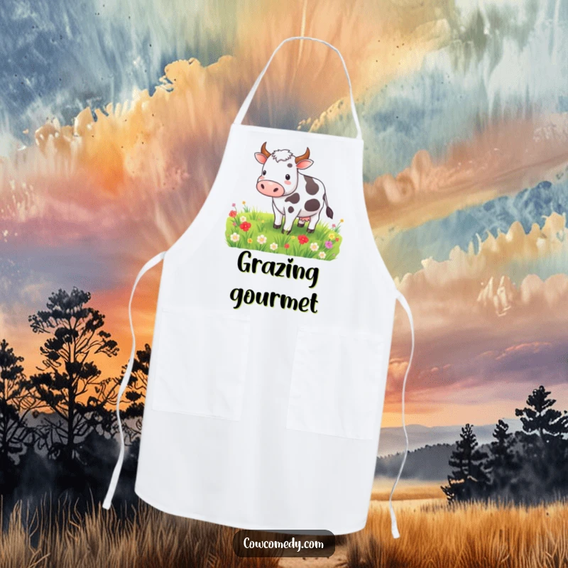 Funny apron with a contented cow grazing in a vibrant meadow, bringing a peaceful and humorous touch to kitchen activities.