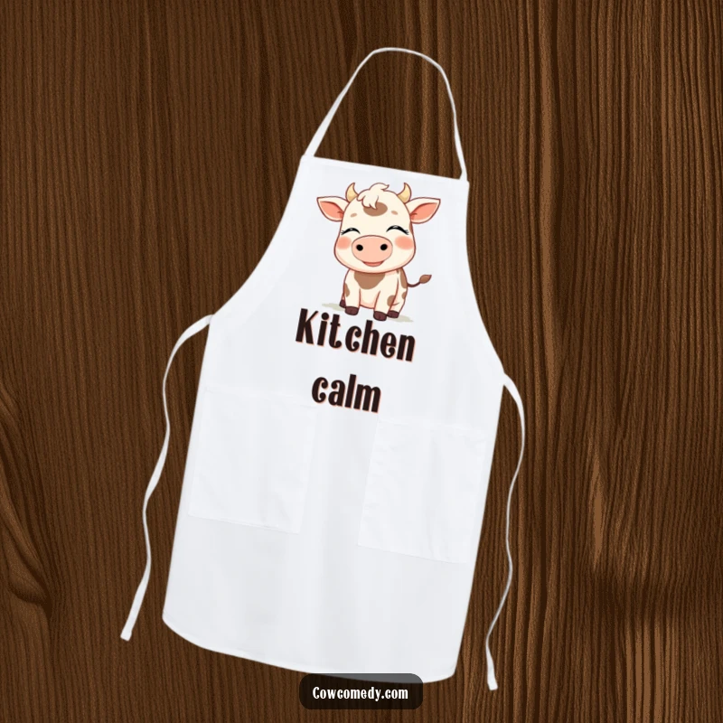 Funny kitchen apron with a smiling cow, eyes closed, enjoying a gentle breeze, making cooking more relaxing, a great funny gift.