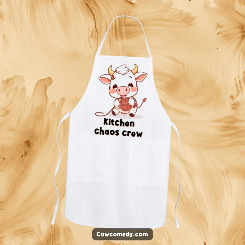 Funny apron graphic of an excited cow gleefully bouncing a ball of yarn with its nose, perfect for adding humor to cooking.