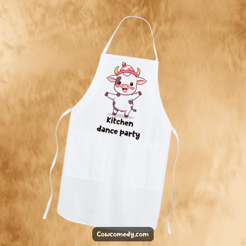 Funny kawaii cow wearing a silly hat, joyfully dancing, on a functional and cheerful kitchen apron.