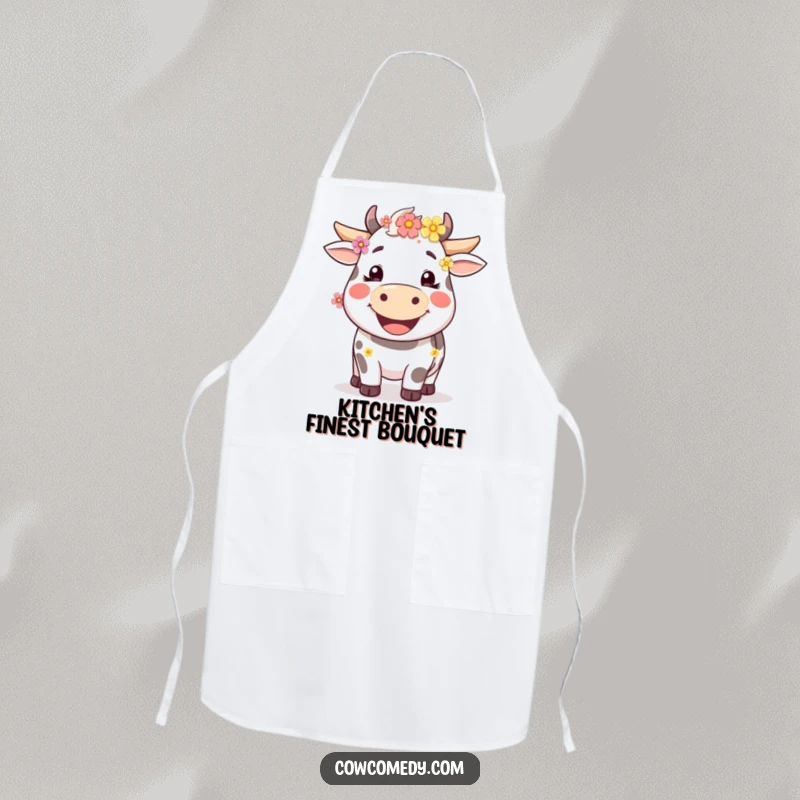 Funny happy cow apron with a wide smile and flowers, designed for cooking enthusiasts who love a humorous touch.