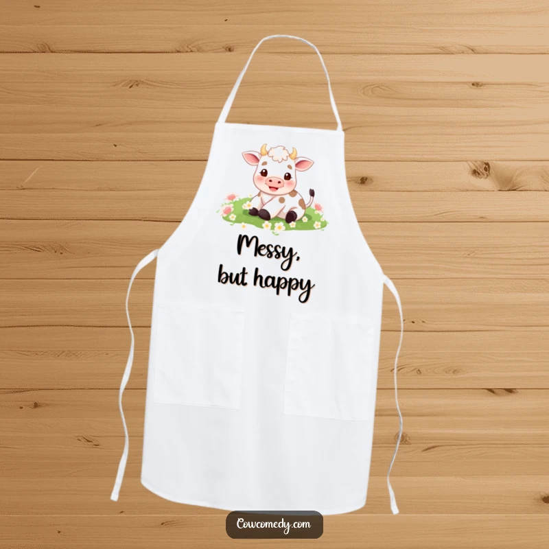 Funny apron showing a tiny cow in mid-roll, legs flailing happily in a dense, green clover patch. Whimsical kitchen wear.