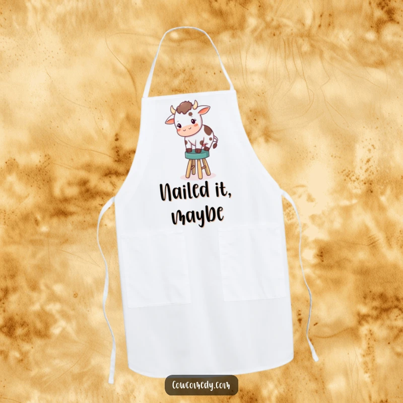 Funny apron design featuring a determined little cow attempting to balance on a miniature stool, perfect for adding humor to kitchen activities.