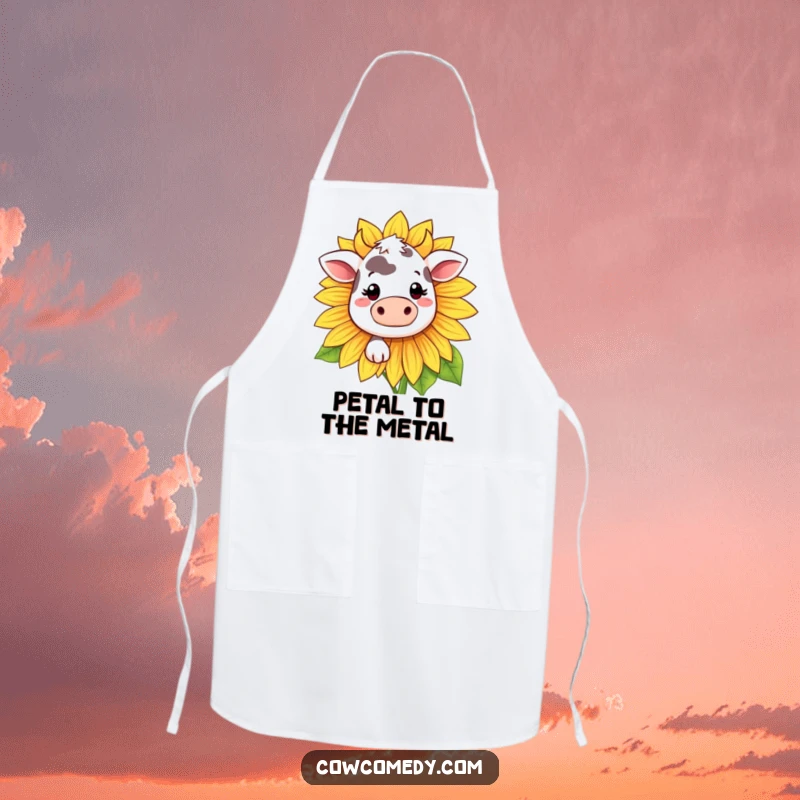 Funny Kawaii cow apron featuring a shy cow peeking from behind a sunflower, adding humor to cooking.