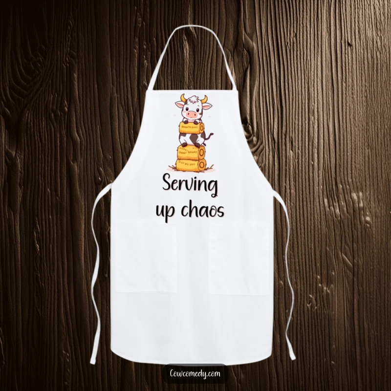 Funny Kawaii Cow Apron: A kawaii cow humorously balances a stack of hay bales, a funny kitchen gift.