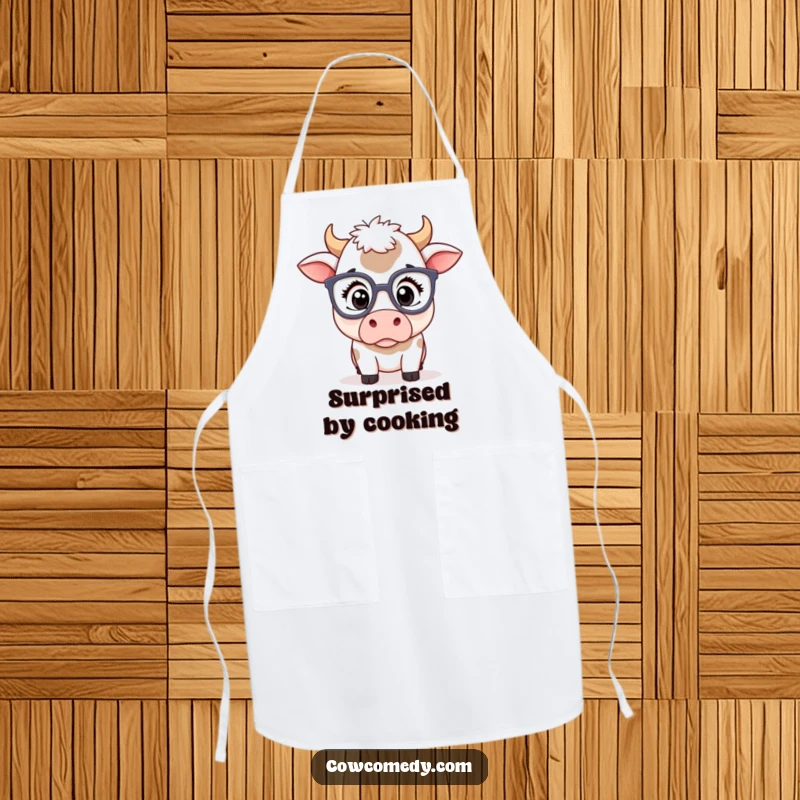 Funny kawaii cow apron featuring a cute cow wearing oversized spectacles with a surprised expression, ideal for kitchen tasks.
