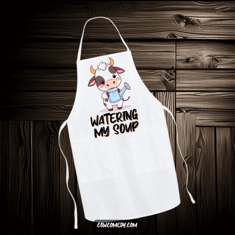 Funny kawaii cow apron showing a cute cow holding a tiny watering can with a playful expression, ideal for garden tasks.