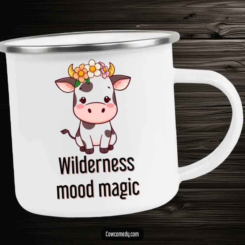 Funny Kawaii Cow Camping Mug featuring a cute cow with a flower crown. Durable enamel mug for outdoor use, adding whimsy to your travels.