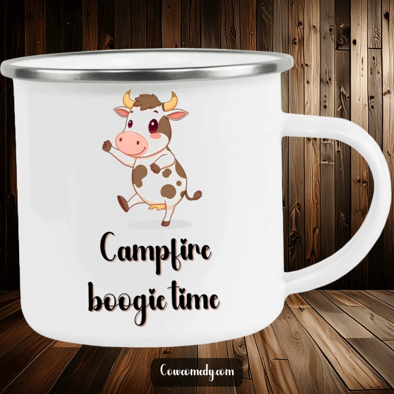 Funny Camping Mug of a cheerful cow doing a jig, perfect for happy campsite moments and humorous adventures.