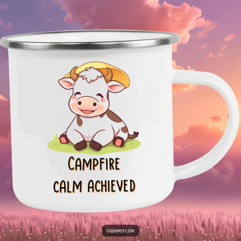 Funny happy cow relaxing under a sunshade on a sturdy camping mug, ideal for peaceful outdoor enjoyment.