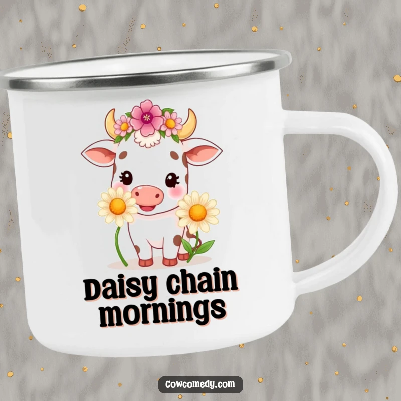 Funny kawaii cow wearing a flower crown, happily chewing a large daisy, on a sturdy camping mug.