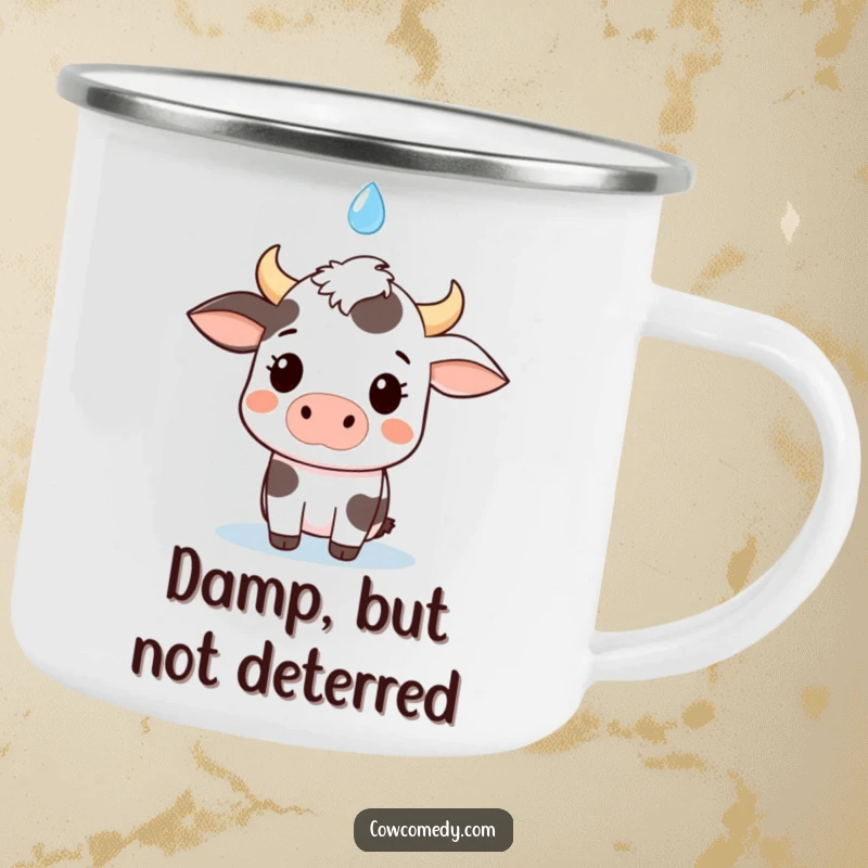 Funny kawaii cow camping mug, surprised expression as a raindrop falls, ready for outdoor fun and humorous moments.