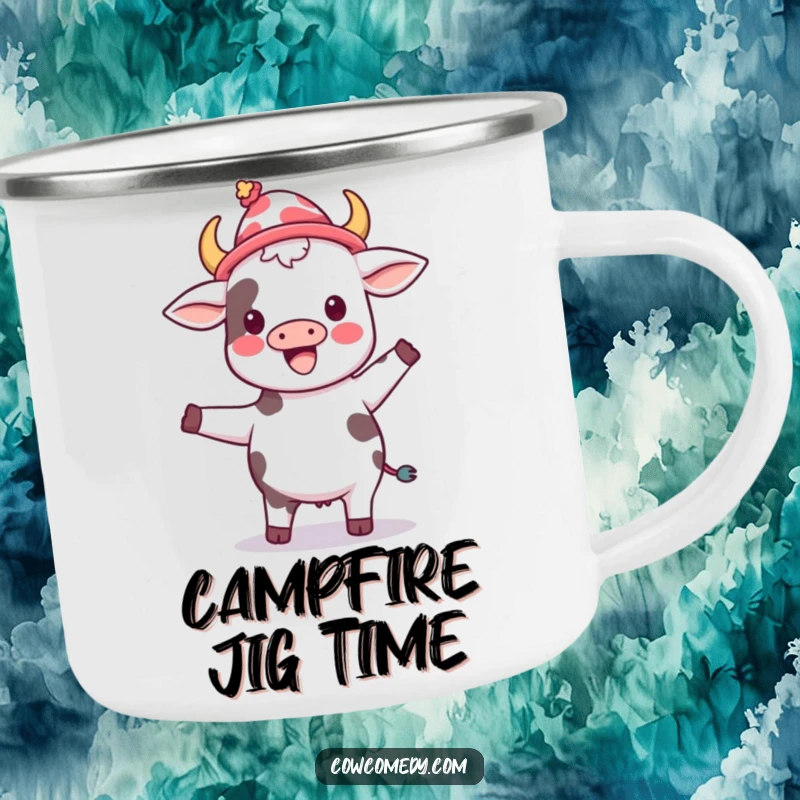 Funny kawaii cow wearing a silly hat, joyfully dancing, on a sturdy camping mug.