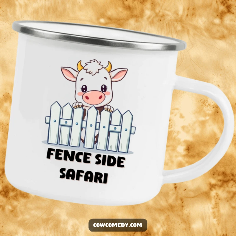 Funny camping mug featuring a curious cow peeking over a picket fence, perfect for outdoor enthusiasts and cow lovers.