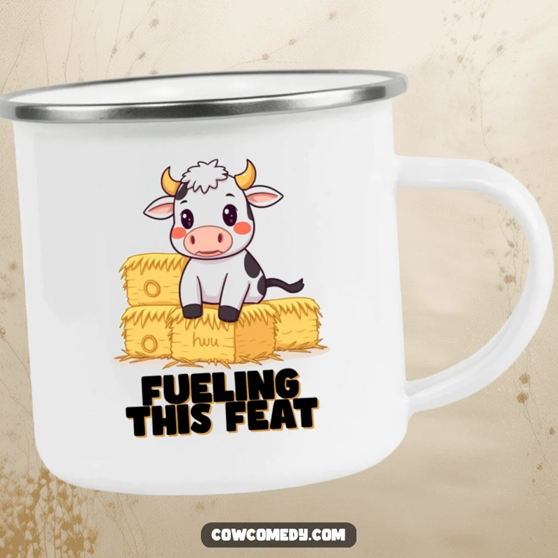 Funny Camping Mug of a determined cow balancing hay, perfect for outdoor motivation and humorous treks.