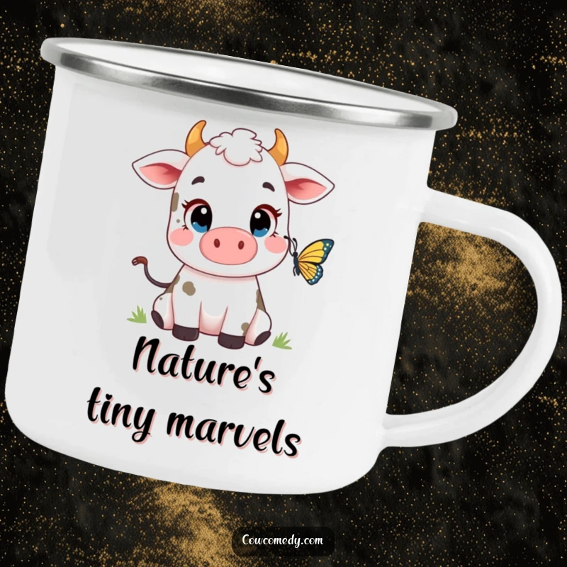 Funny Cow Butterfly Camping Mug: a cute cow with wide eyes watching a butterfly, perfect for outdoor beverages and moments of awe.