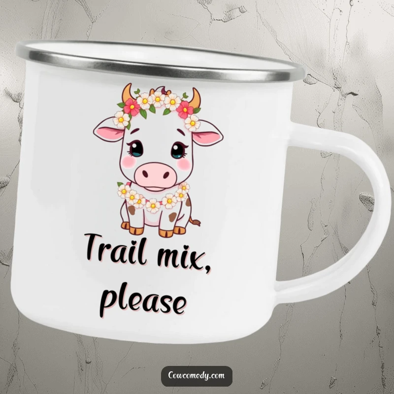 Funny Camping Mug featuring a gentle cow with a flower garland, perfect for outdoor beverages and adding rustic charm.