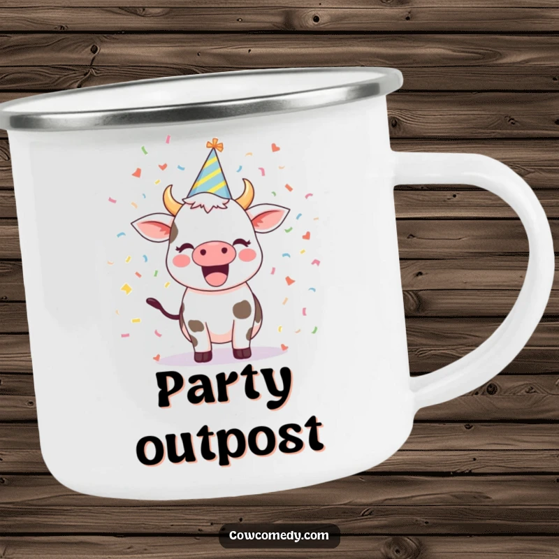 Funny camping mug with an excited cow wearing a party hat amidst confetti, perfect for outdoor enthusiasts and lovers of festive fun.