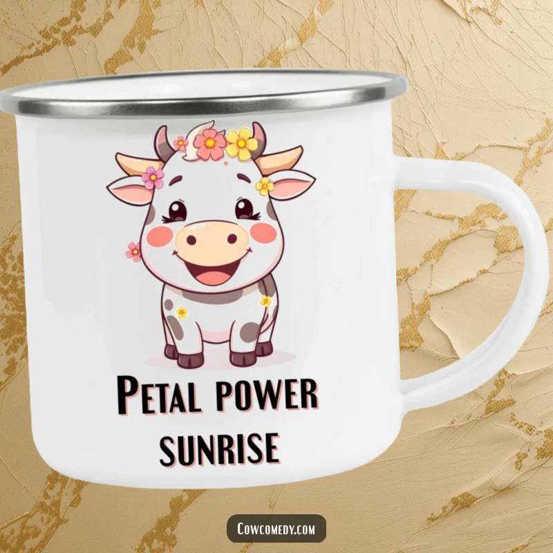 Funny happy cow enamel camping mug with a wide smile and flowers, durable and perfect for outdoor enjoyment.