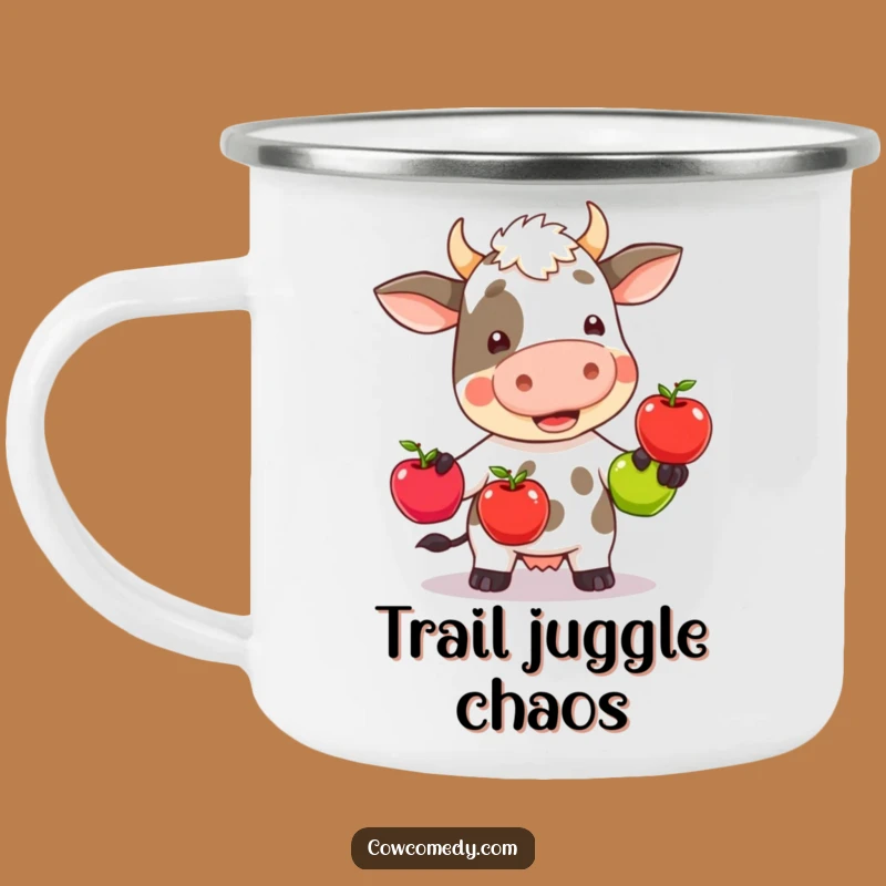Funny Juggling Cow Camping Mug - Kawaii Wobbly Apple Adventure Gift