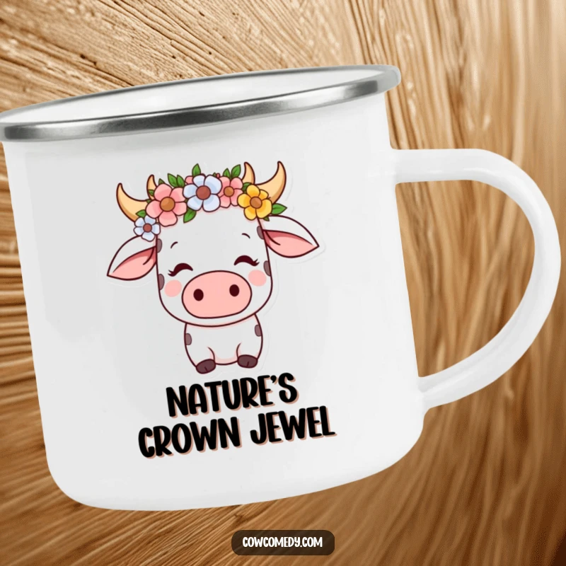Funny kawaii cow camping mug with a flower crown, looking serene and content, perfect for enjoying drinks peacefully outdoors.