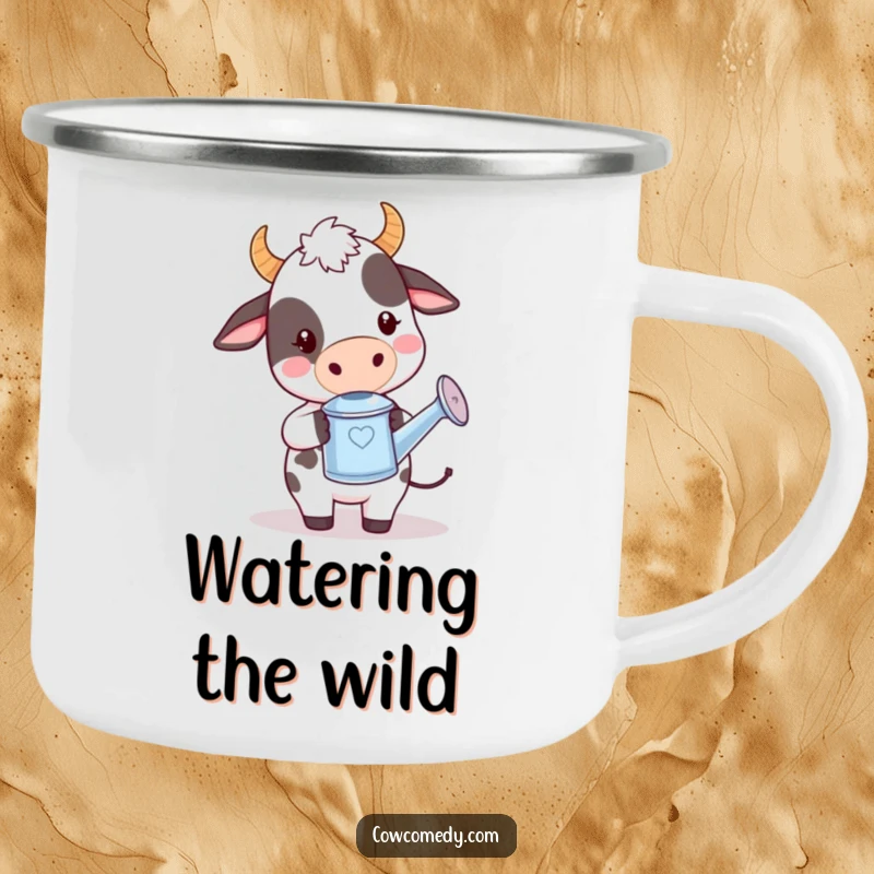 Funny kawaii cow camping mug with a cute cow holding a tiny watering can, looking playful, perfect for outdoor drinks.