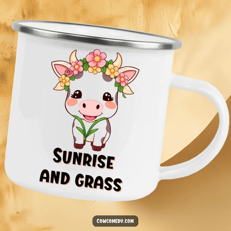Funny Kawaii Cow Camping Mug: A smiling cow wearing a flower garland happily chews grass, outdoor funny gift.