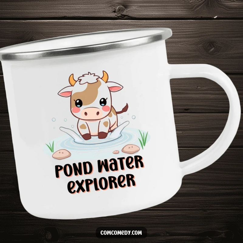 Funny Kawaii cow camping mug showing a playful cow splashing water in a small pond, built for outdoor fun.