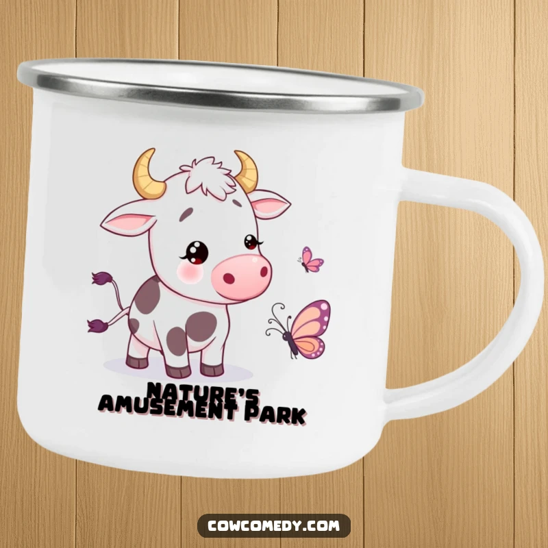 Funny Camping Mug featuring a cow wiggling its tail with amusement near a cartoon butterfly, perfect for outdoor beverages and cheerful moments.