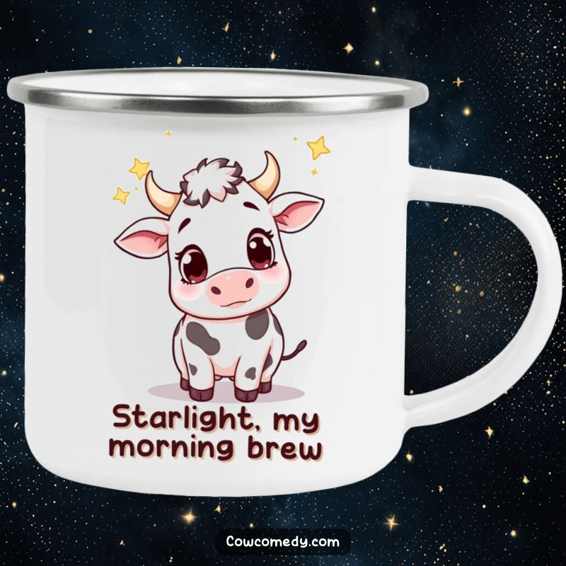 Funny enamel camping mug featuring a cute cow with big, wondering eyes, trying to catch falling stars by a campfire.