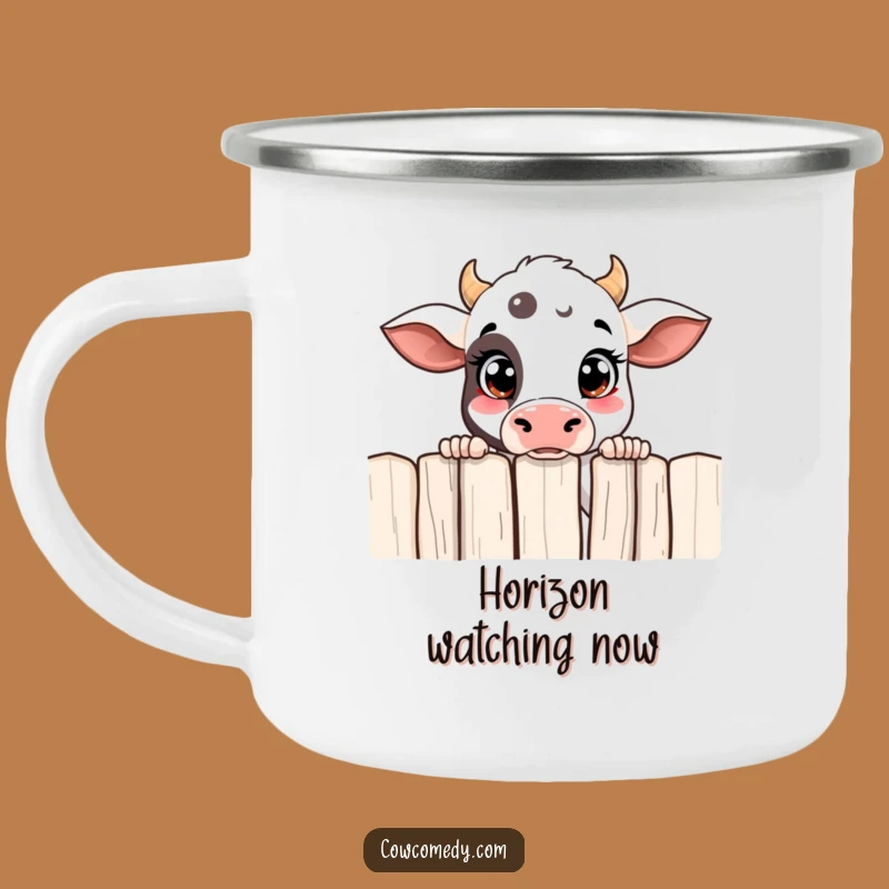 Funny Curious Cow Enamel Camping Mug Peeking Over Fence Adventure Buddy